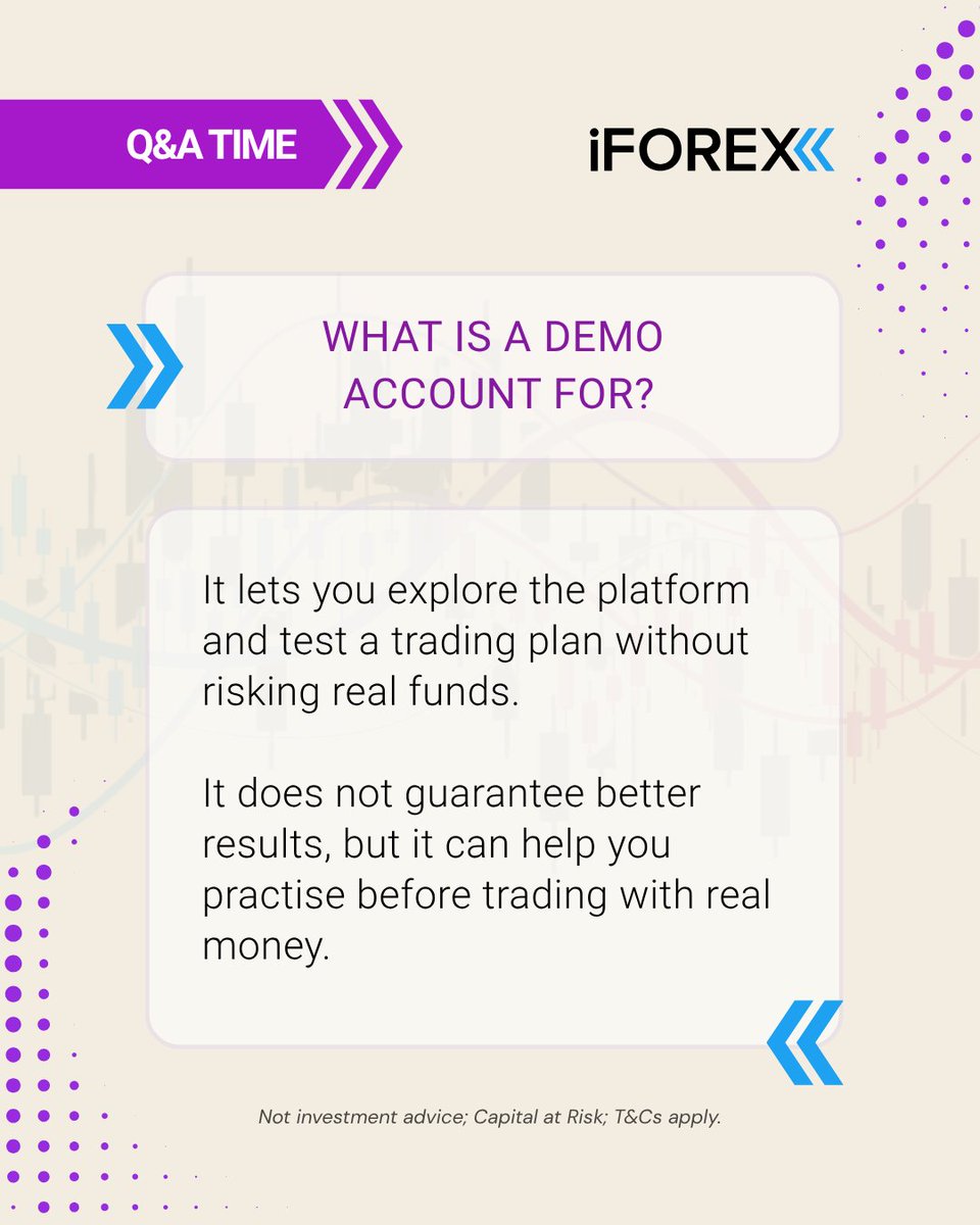 iForex_com's tweet photo. What is a demo account for?

Explore the platform. Test a trading plan. Practise decisions without risking real funds.

It does not guarantee better results. The value is in focused practice, review and preparation.

#DemoAccount #TradingEducation #RiskManagement #iFOREX https://t.co/MbeJ1kzXFa