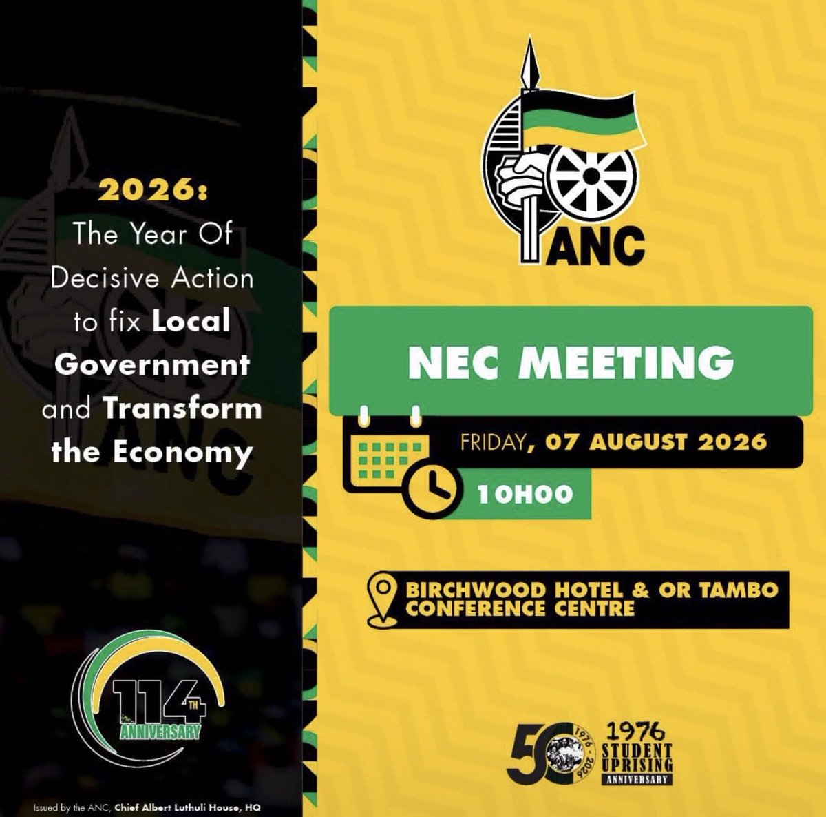 MbalulaFikile's tweet photo. Today we will convene a meeting of the African National Congress National Executive Committee to discuss and adopt the ANC's Manifesto for the 2026 Local Government Elections.

Details are as follows:

🗓: Friday, 07 August 2026
⏰: 10h00
📍: Birchwood Hotel, Boksburg

#RegisterToVoteANC 
#LGE2026