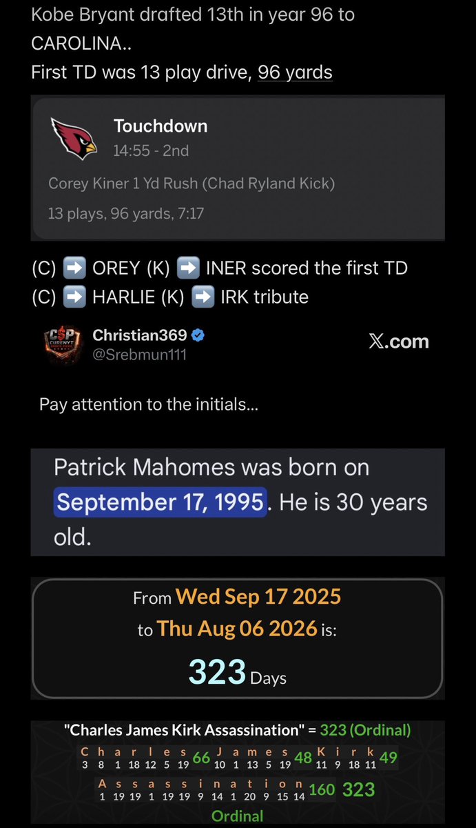 Srebmun111's tweet photo. Carolina connected to Kyle Busch. 
Carolina connected to Kobe Bryant. 

NFL HOF games begins 322 days after the film ‘Him’ was released and they gave you a Charlie Kirk, Kyle Busch, Kobe Bryant tribute to harvest energies as always connected to deeper demonic elements. 

Him = Their God 👹

#CurenytSportsPicks 
#LearnGematria 
#Numerology