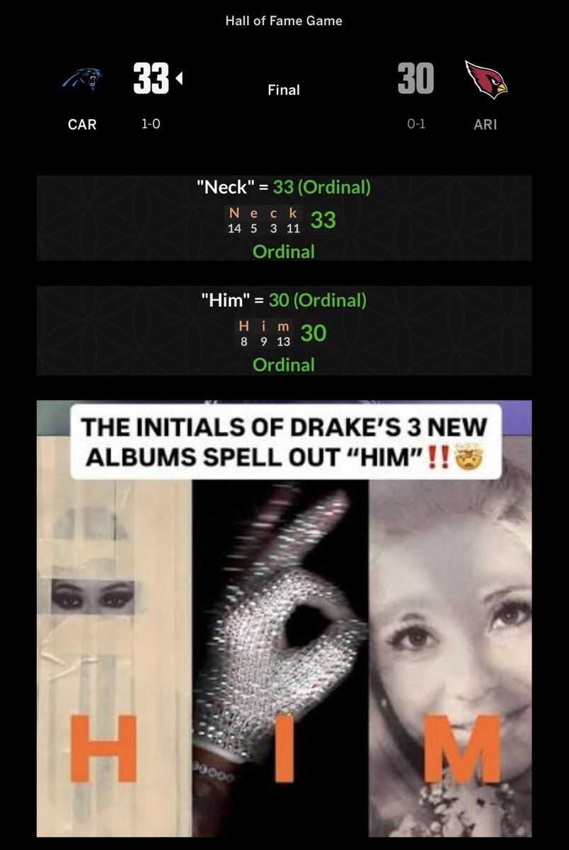 Srebmun111's tweet photo. Carolina connected to Kyle Busch. 
Carolina connected to Kobe Bryant. 

NFL HOF games begins 322 days after the film ‘Him’ was released and they gave you a Charlie Kirk, Kyle Busch, Kobe Bryant tribute to harvest energies as always connected to deeper demonic elements. 

Him = Their God 👹

#CurenytSportsPicks 
#LearnGematria 
#Numerology
