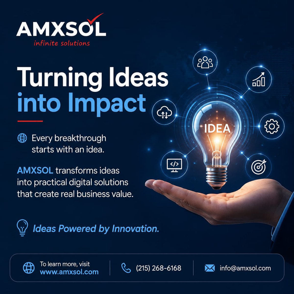 amxsol's tweet photo. Turning Ideas into Impact with AMXSOL!
Every great innovation begins with a powerful idea. 
🌐To learn more,
Follow 👉 @amxsol
visit https://t.co/etOLFwDT5l 
📞 (215) 268-6168 | 
✉️ info@amxsol.com
#AMXSOL #InfiniteSolutions #TurningIdeasIntoImpact #Innovation #Digital https://t.co/q6wh0NkTLE
