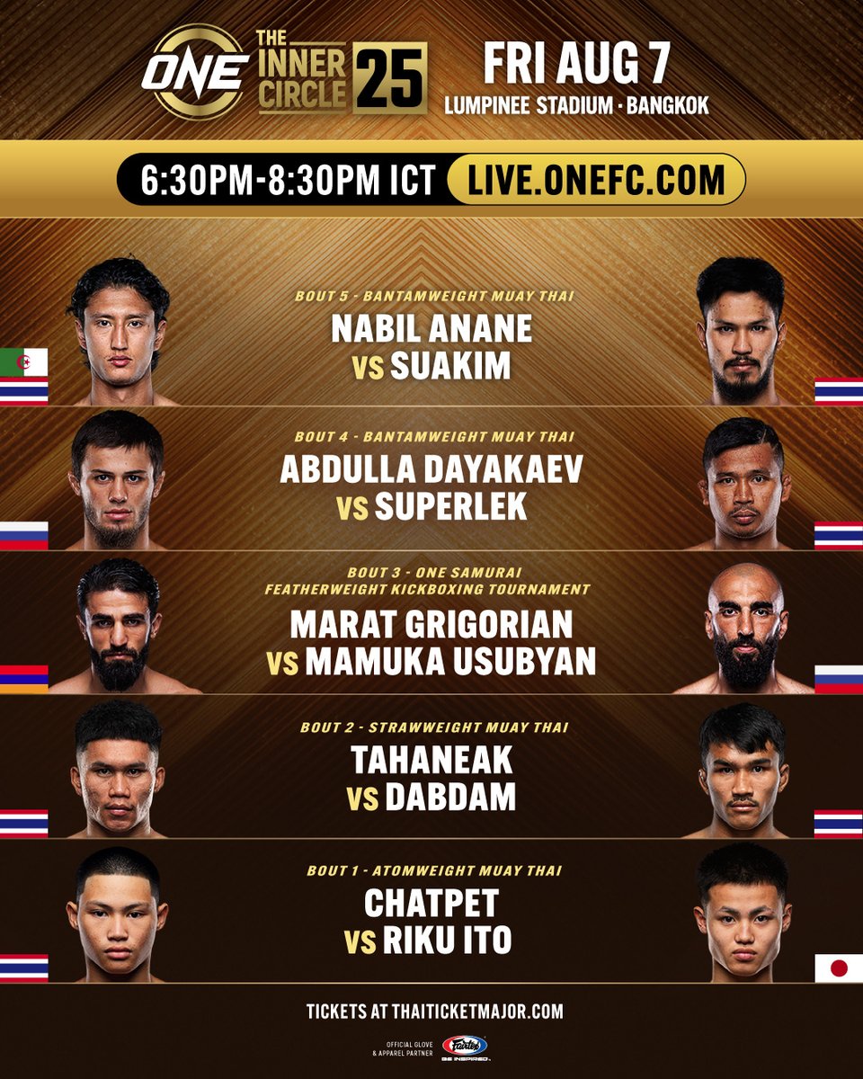 ONEChampionship's tweet photo. The Inner Circle 25 goes live in just a few hours, headlined by the ONE Bantamweight Muay Thai World Title eliminator between Nabil Anane and Suakim! Plus, Abdulla Dayakaev battles Superlek in a highly anticipated rematch! 👊 Join The Inner Circle now and don’t miss a second of the action!

#TheInnerCircle25 | Fri Aug 7 at 6:30PM ICT/7:30AM ET
🔴 Join The Inner Circle for only USD9.99/month at https://t.co/wZyjoitSRT.
🎁 Save 10% on your first month with code "WELCOME10".