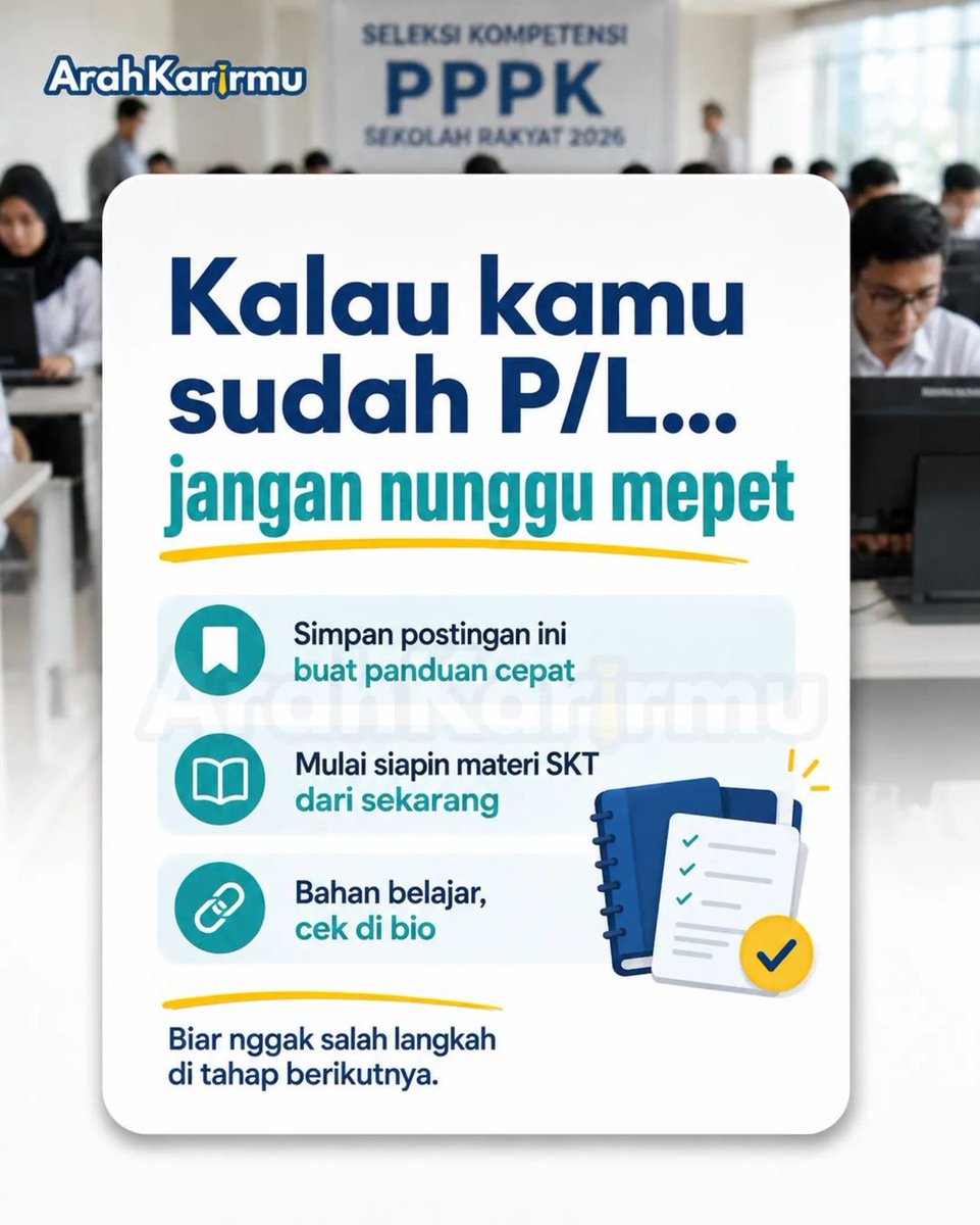 ArahKarirmu's tweet photo. β οΈ P/L JANGAN SENANG DULU!
Sudah persiapan untuk TES SKTT PPPK SEKOLAH RAKYAT 2026?
Yang mau Bahan belajar
Cek di bio β
#p3k
#sekolahrakyat
#PPPK
#lowongankerja #rekrutmen
Bahan Belajar
Review/Spill/FR
Kisi-Kisi
Soal
EBook
Sekolah Rakyat
KemensosRI
Pengumuman https://t.co/z8JC3XEGuG