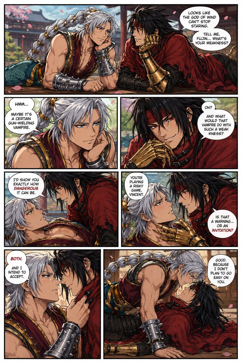 ElvenThranduil2's tweet photo. Vincent Valentine teasing and tempting wind God Fujin...Fujin doesnt always liked being teased though he himself teases quite a bit...He resist for a little bit but it is futile...He gives in to Vincent's advances...Part 2
#valenjin #VincentValentine #Fujin https://t.co/czqV1ek1Il