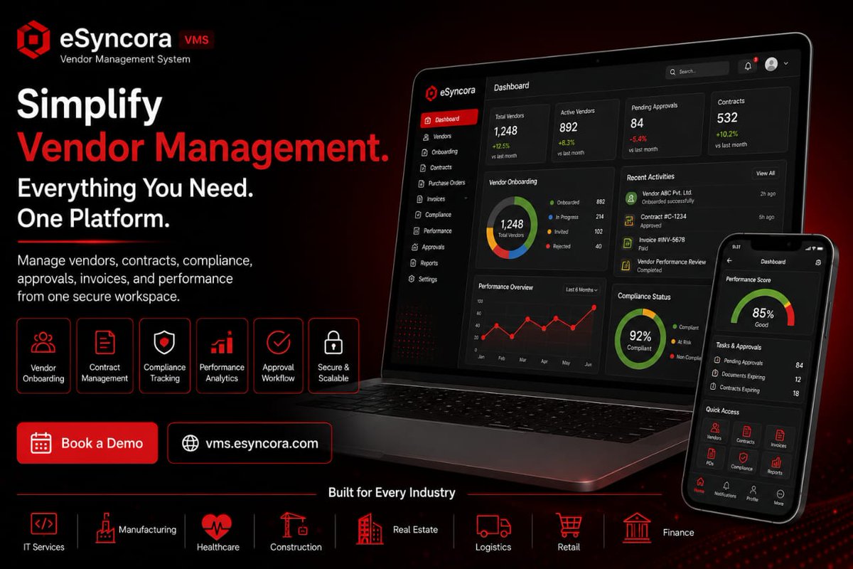 esyncora's tweet photo. Simplify Vendor Management with eSyncora VMS.
Manage onboarding, contracts, approvals, compliance, invoices &amp; vendor performance—all from one secure platform.
Built to help businesses work smarter and grow faster.
🌐 https://t.co/iuIP1pGfwv⁠� https://t.co/QZWZOvjmfE