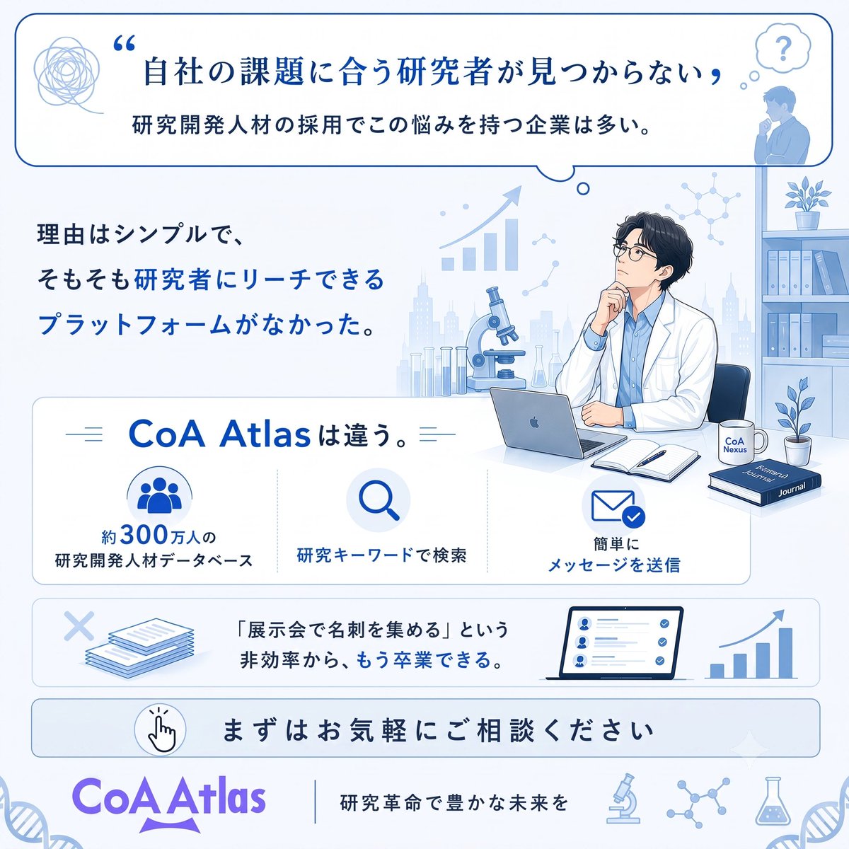 CoANexus's tweet photo. 「自社の課題に合う研究者が見つからない」

研究開発人材の採用で
この悩みを持つ企業は多い。

理由はシンプルで、
そもそも研究者にリーチできる
プラットフォームがなかった。

CoA Atlasは違う。

・約300万人の研究開発人材データベース
・研究キーワードで検索
・簡単にメッセージを送信

「展示会で名刺を集める」
という非効率から、もう卒業できる。

👇詳細はこちら
https://t.co/f5SYYjM5qX

#研究者採用 #R&D採用 #CoAAtlas #ディープテック