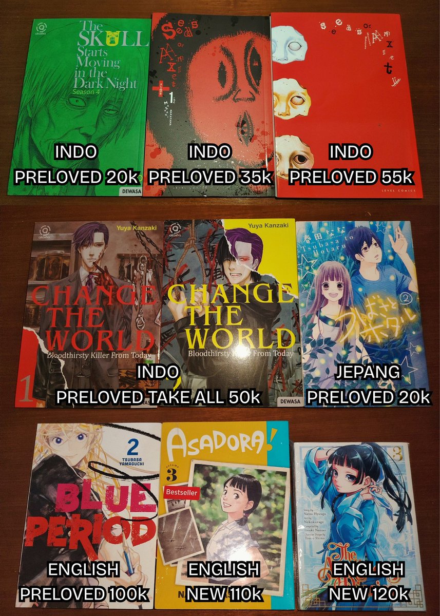 yabaidechu's tweet photo. WTS MANGA ORI
Kondisi semua manga original. Cek condi DM 
📍dom jakarta
🍊shopee blm admin

❗serious buyer only❗
Link: https://t.co/NJ9uZf0nk8

tags. wts want to sell new preloved komik manga buku #zonauang #zonajajan https://t.co/8XFtEBiRqg