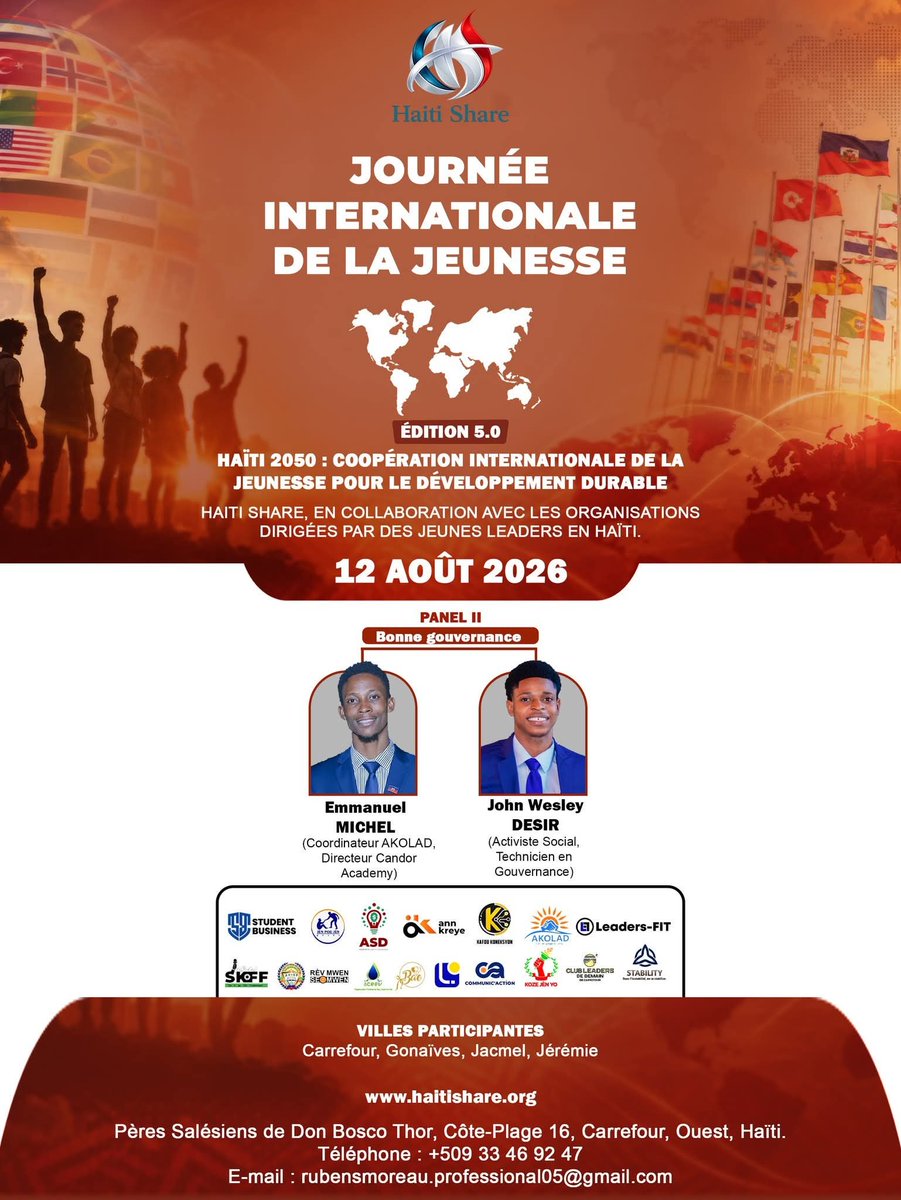ME_Candor's tweet photo. À Carrefour, nous célébrerons la Journée Internationale de la Jeunesse avec Haïti Share.

Heureux de participer au Panel II autour du thème :" Bonne gouvernance". Un espace d’échange pour réfléchir au rôle de la jeunesse dans la construction d’un avenir meilleur. https://t.co/d9WPWQEZvA