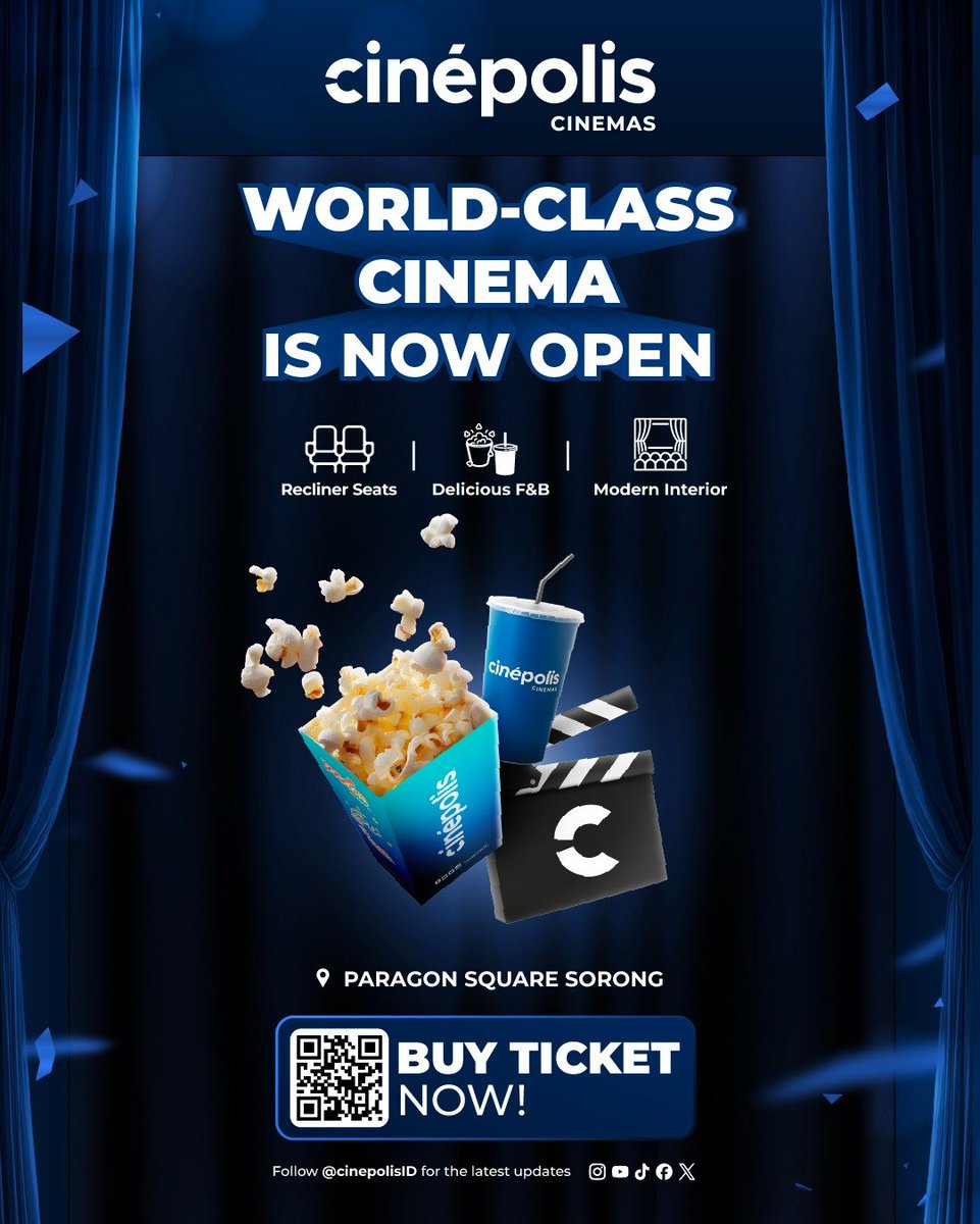 cinepolisID's tweet photo. Anak Bioskop di Sorong, siap nonton film favorimu? ✨

Bioskop kelas dunia resmi hadir di Paragon Square Sorong!

Interior modern, F&amp;B yang bikin laper mata, dan duduk yg lebih nyaman, semua lengkap di Cinépolis Cinemas.

Yuk mampir dan rasain sendiri sensasinya 🍿

#CinepolisID https://t.co/89hWhDcA7I