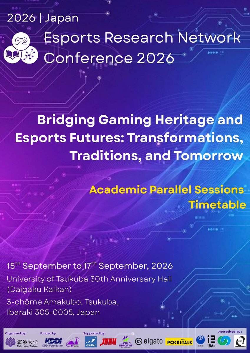 Tsubasashinoha's tweet photo. I’m delighted to share the programme for the academic parallel sessions of the Esports Research Network Conference 2026. We will have four parallel session rooms featuring a wide range of exciting presentations. I'm sincerely express a deep gratitude to our reviewing team to review all submissions from presenters!