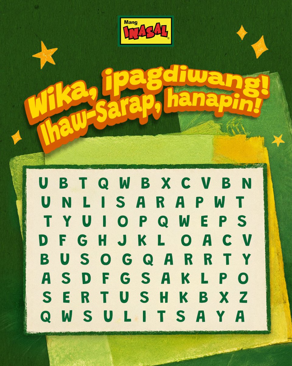MangInasalPH's tweet photo. Hanapin ang sariling atin, Ka-Unli! 🔍🍗✨

Nakikita mo ba yung mga Unli-Sayang salita sa puzzle?

#ILoveMangInasal💚💛 https://t.co/0D6t7Ovkxg
