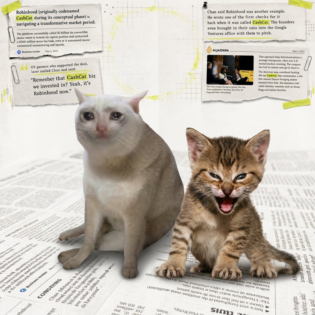 bagwalkbw's tweet photo. Cashcat is more than a cat token. It represents Robinhood's origin story.

Hear me out

Tygr is also on RH chain and is the real name of the Roaring Kitty.
This cat onboarded 3 million users to Robinhood App in one month.

TYGR x CASHCAT

The cat of Robinhood and the cat of Retail.