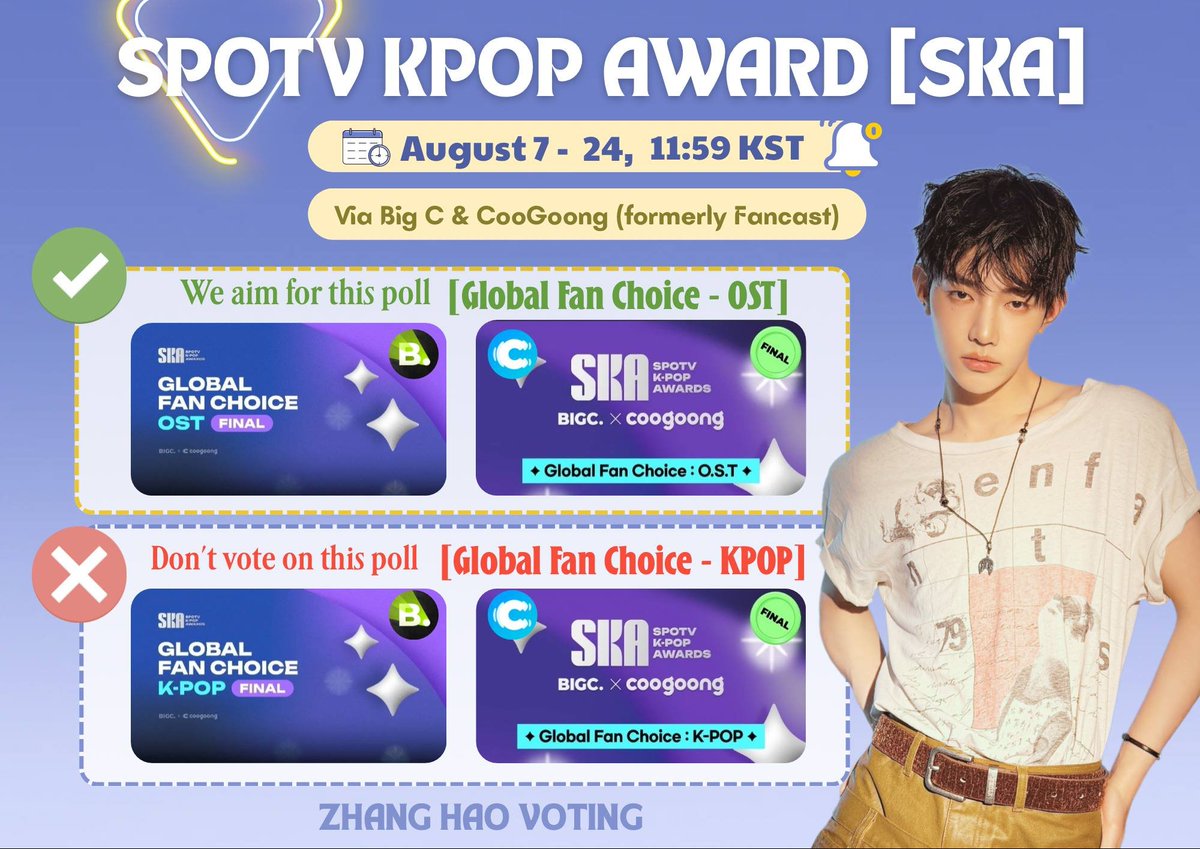 ZHANGHAOVOTE's tweet photo. [📣] 🏆 SPOTV KPOP AWARDS [SKA] GLOBAL FAN CHOICE - OST FINAL ROUND

<Refresh!> by #ZHANGHAO @AND2BLE has advance to Final Round of SKA - Global Fan Choice - OST Awards🏆

‼️This poll is 100% Fan Vote‼️

🗳️ Vote Link
🔗https://t.co/cs29zAolXV [Coogoong/Fancast]
🔗https://t.co/vVUDHarJq8 [BigC]
🎯 TOP 1
🎁 REWARD
🏆 TROPHY presented on SPOTV KPOP AWARDS at KINTEX, Ilsan.

📆 Final Round: August 7 - August 24, 11:59 AM KST

🚨 IMPORTANT INSTRUCTIONS 🚨

✳️ Coogoong [formerly Fancast]
- UPDATE your apps
- Check the candidate "Refresh!" first BEFORE voting to ensure you vote on the RIGHT CHOICE ✅
- If you have SOON EXPIRING 💙 Heart, you may vote using those first 🚨 
- Save MOST of 💙 Heart & 💛 Heart for FINAL D-DAY on August 24

✳️ BigC
- UPDATE your apps
- Check the candidate "ZHANG HAO (AND2BLE) - Refresh!" first BEFORE voting to ensure you vote on the RIGHT CHOICE ✅
- Collect AS MANY AS YOU can since BigC has on-going events, you can collect up to 6K Gems from Ads per account.
- Save MOST of Royal Gems & Free Gems for FINAL D-DAY on August 24

📝 NOTES
*️⃣ We need HUGE Donation for having 2 apps on this Awards, please consider to DONATE if you have any means ASAP
*️⃣ If you want to donate more than $100, please DM ZHV first
*️⃣ If you want to join Private Collab and or Rosin Discord Channel, send us a DM

Leave NO REGRET. 
Let's WIN this for our beloved HaoHao since he's going to attend the Awards with #AND2BLE ! 💗

#장하오 #章昊 #จางฮ่าว #ジャンハオ
#앤더블