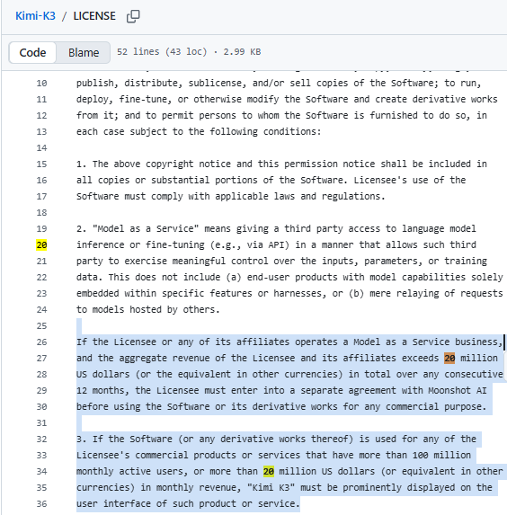 stevencheng's tweet photo. Kimi K3 is not released under a traditional open-source license as commonly understood by the industry. Instead, Moonshot AI uses its own custom license, which introduces specific conditions for large-scale commercial usage.

According to the license:

1️⃣ If a company or any of its affiliates operates a Model-as-a-Service business, and their combined revenue exceeds $20 million (or equivalent) over any consecutive 12-month period, they must sign a separate commercial agreement with Moonshot AI before using Kimi K3 or its derivatives for commercial purposes.

2️⃣ If Kimi K3 (or derivative works) is used in a commercial product or service that has: • More than 100 million monthly active users (MAU), or • More than $20 million in monthly revenue,
then “Kimi K3” must be prominently displayed in the product’s user interface.

This reflects a growing trend in the AI industry: Open-weight ≠ unrestricted open source.

More AI companies are expected to adopt this hybrid model — providing open access to model weights while introducing commercial licensing requirements for large-scale deployments.

It is also reported that Alibaba’s Qwen may adopt a similar approach in future releases.