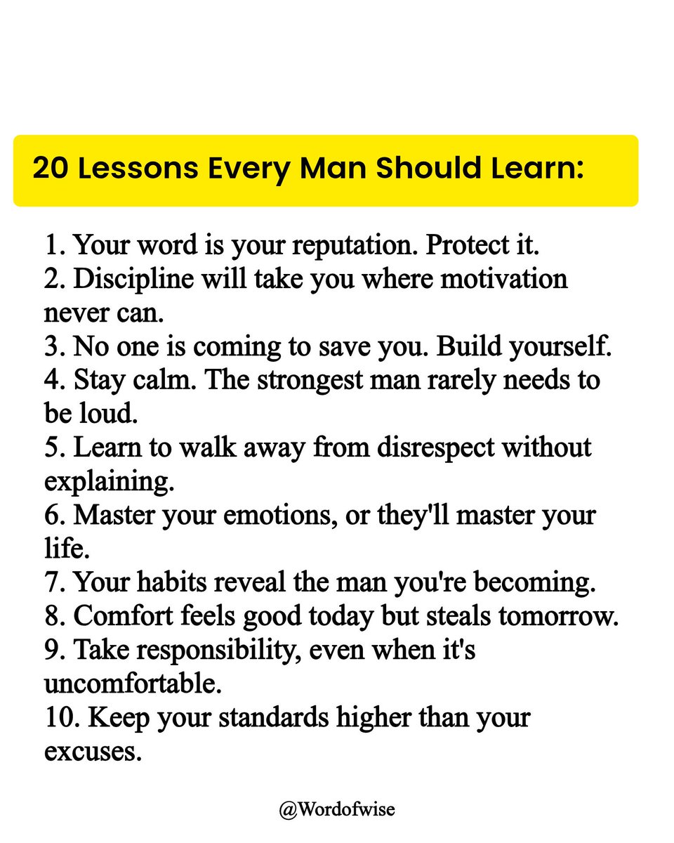 Wordofwise_'s tweet photo. 20 Lessons Every Man Should Learn:

1-10. https://t.co/x21WuZ9an7