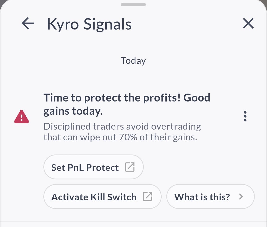dale_vaz's tweet photo. What if your broker actually nudged you to stop trading and lock in your profits with a kill switch?  Imagine a broker interested in your success, and not their brokerage. Wouldn't that be wild?

That's exactly what we are doing with #KYRO AI on @Sahi_HQ . Our AI agent is always monitoring your trading and sends you a proactive signal when you have made a profit that exceeds your average 30-day history. And we actually nudge you to lock in your profits by applying a P&L Protect or Kill Switch! 

We believe disciplined investing and trading is the way to be successful in this business. And every investor needs an honest assistant to help them stay disciplined. KYRO by Sahi is your always -on AI assistant, ready to help you plan and execute your next big investment, as well as protect you with helpful nudges to protect against making common mistakes. 

What would you want in an AI assistant that can help you become a more disciplined trader or investor?