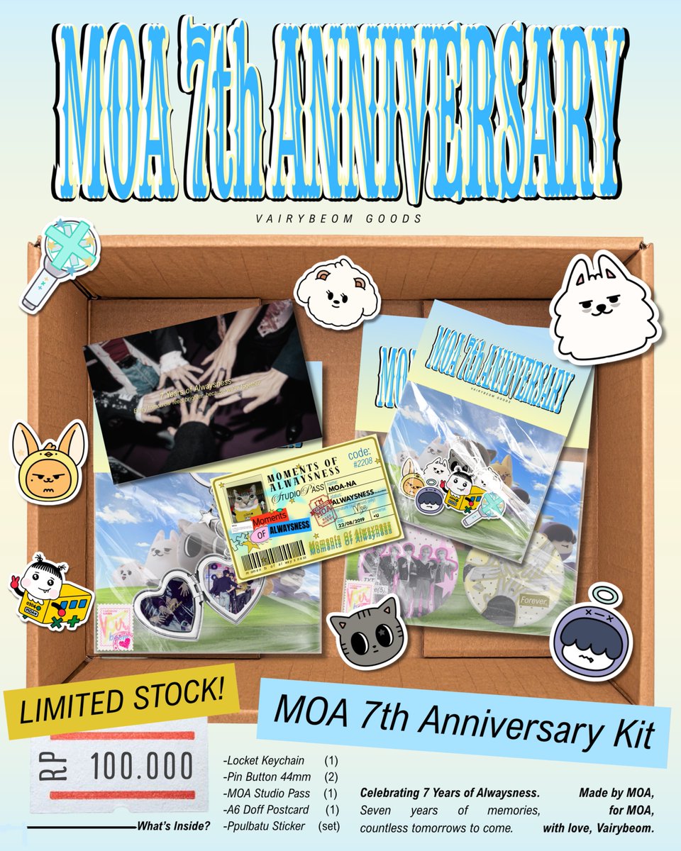 vairybeom_GO's tweet photo. 💙 OPEN PRE-ORDER | MOA 7TH ANNIVERSARY KIT 💙
To celebrate 7 Years of Alwaysness, Vairybeom has prepared a special anniversary collection made with love for every MOA.

#TXT #TOMORROW_X_TOGETHER #MOA #MOA7thAnniversary #MOADay #FanmadeMerch #TXTMerch #Vairybeom https://t.co/3xTgg2oII9