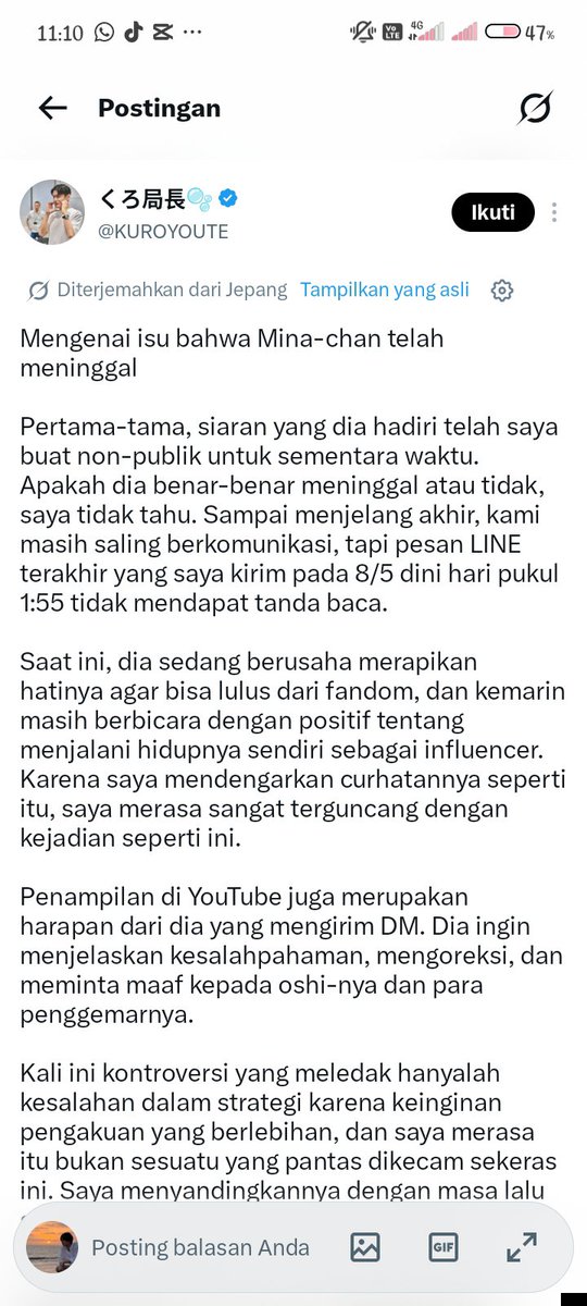 mil_lyc6's tweet photo. ini kata temen ny mina, brarti secara g langsung dia bilang klo mina hanya butuh waktu utk istirahat in hati dn mental ny. bhkn udh banyak juga yang terjemahin kata² mina saat di live itu dan gak ada dia bilang "ingin bundir" tpi "rasanya ingin" karna dia sdg down https://t.co/xyp0VbvrZu