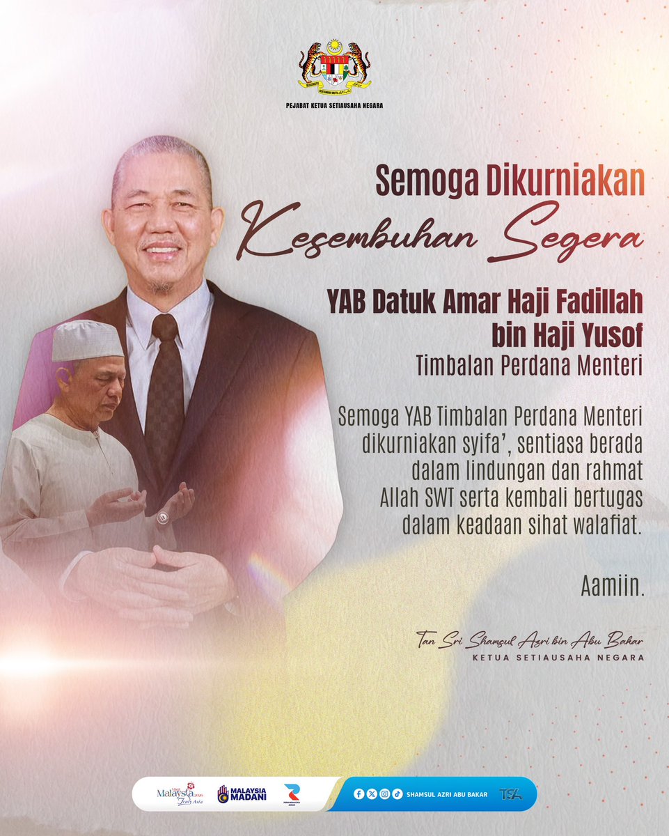 shamsulazribakr's tweet photo. Bismillahirrahmanirrahim.

Di hari Jumaat yang penuh barakah ini, marilah sama-sama kita mendoakan semoga YAB Timbalan Perdana Menteri dikurniakan kesembuhan yang segera dan diberikan kesihatan baik yang berpanjangan. 

Semoga Allah SWT sentiasa melimpahkan rahmat, kekuatan dan perlindungan-Nya ke atas beliau.

©️𝟮𝟬𝟮𝟲 𝗣𝗘𝗝𝗔𝗕𝗔𝗧 𝗞𝗘𝗧𝗨𝗔 𝗦𝗘𝗧𝗜𝗔𝗨𝗦𝗔𝗛𝗔 𝗡𝗘𝗚𝗔𝗥𝗔