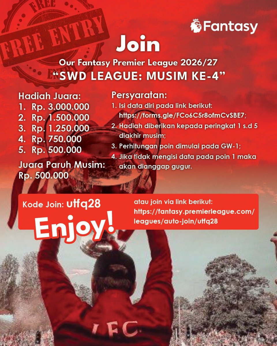 musksigit's tweet photo. FPL SWD League : Musim ke 4 udah dibuka ya. Jangan lupa untuk isi form ya :

https://t.co/FFlFFZgT2A

Code Leaguenya : utfq28

Pendaftaran akan saya tutup sebelum GW1

-Obrigado- https://t.co/7wIW0i1D5T