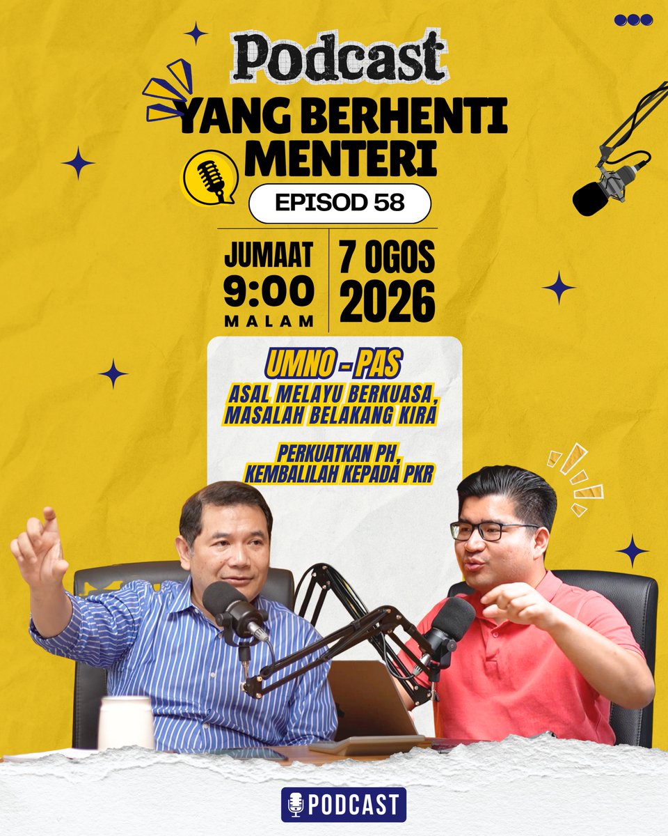 rafiziramli's tweet photo. 𝗣𝗢𝗗𝗖𝗔𝗦𝗧 𝗬𝗕𝗠 𝗘𝗣𝗜𝗦𝗢𝗗 𝟱𝟴: 𝗨𝗠𝗡𝗢-𝗣𝗔𝗦, 𝗔𝗦𝗔𝗟 𝗠𝗘𝗟𝗔𝗬𝗨 𝗕𝗘𝗥𝗞𝗨𝗔𝗦𝗔, 𝗠𝗔𝗦𝗔𝗟𝗔𝗛 𝗟𝗔𝗜𝗡 𝗕𝗘𝗟𝗔𝗞𝗔𝗡𝗚 𝗞𝗜𝗥𝗔

Malam ini, Podcast YBM Episod 58 kembali bersiaran pada jam 9.00 malam di saluran YouTube dan TikTok saya.

Kali ini, kita akan bercakap tentang politik UMNO-PAS dan hala tuju parti-parti politik menjelang pilihan raya akan datang.

Ada pandangan bahawa UMNO dan PAS perlu kembali bersama. Asalkan orang Melayu bersatu dan kembali berkuasa, soal perbezaan dan masalah antara kedua-dua parti boleh difikirkan kemudian.

Tetapi, adakah semudah itu? Adakah penyatuan semata-mata cukup untuk menjawab cabaran politik dan masalah yang dihadapi rakyat hari ini?

Pada masa yang sama, saya juga akan mengulas situasi terkini PH dan PKR serta perkembangan politik yang berlaku kebelakangan ini.

Semua ini akan kita bincangkan dalam Podcast YBM Episod 58, malam ini, 7 Ogos, jam 9.00 malam, di saluran YouTube dan TikTok saya.