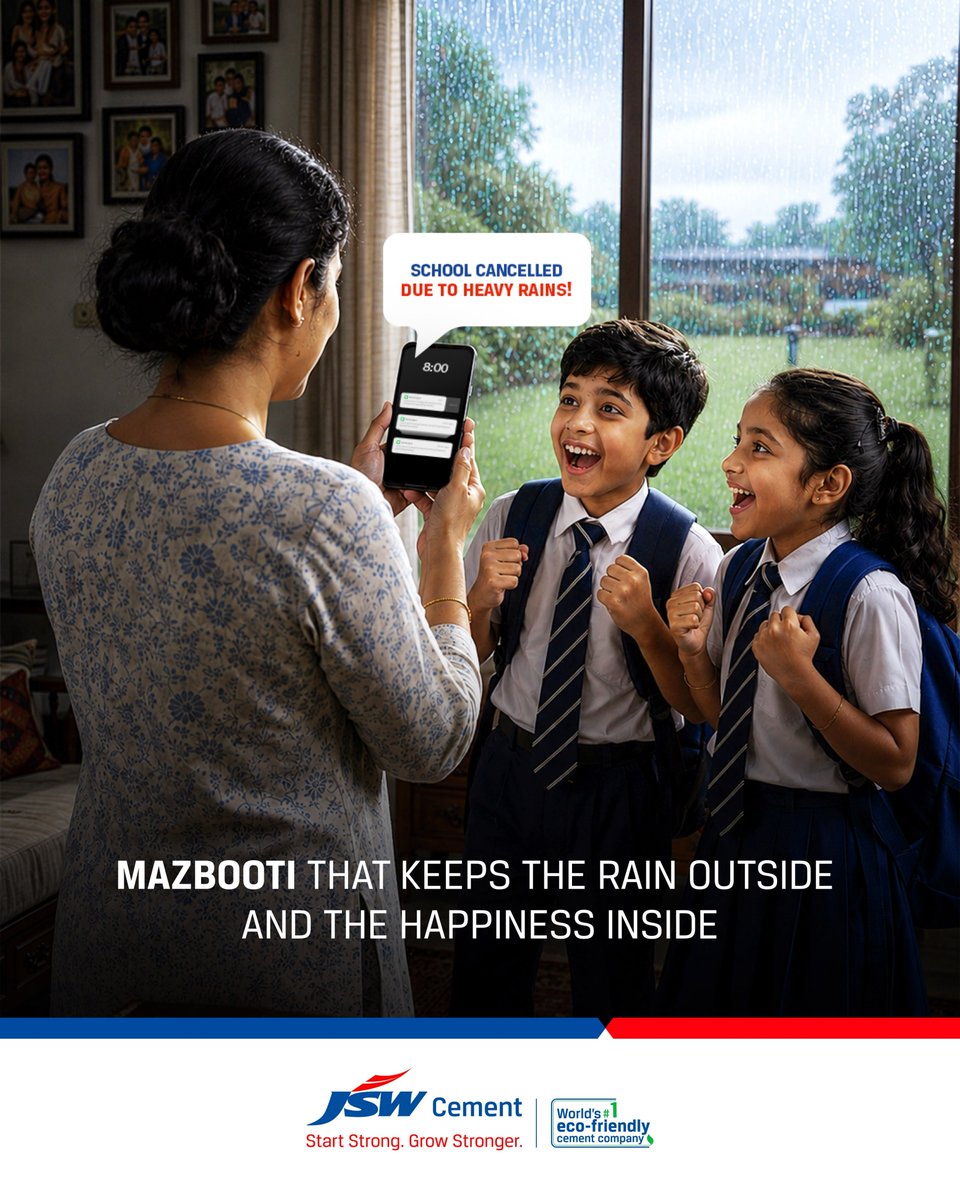 JSWCement's tweet photo. The best rainy day memories are made inside a home that’s built to last.

#RainyDay #SchoolCancelled #StartStrongGrowStronger #JSWCement https://t.co/HRRifP5D4P