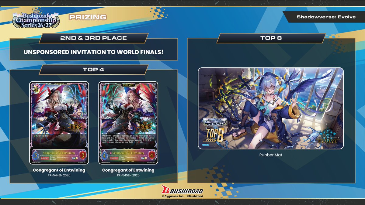 BushiroadEvents's tweet photo. 🏁 BCS26/27 🏁

Leave your opponents in the dust when you race down to grab these dazzling Shadowverse: Evolve prizes!

#BCS267 #ShadowverseEvolve https://t.co/ikBMJQZbmp