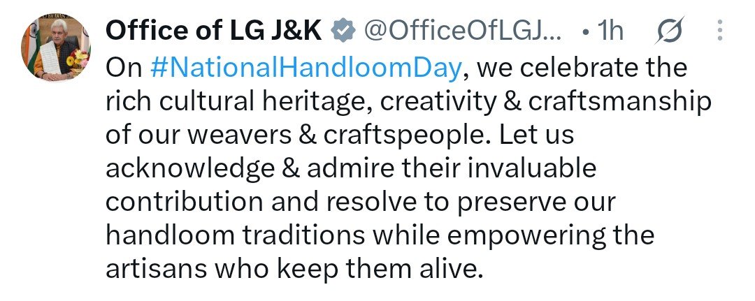 RisingKashmir's tweet photo. "On #NationalHandloomDay, we celebrate the rich cultural heritage, creativity & craftsmanship of our weavers & craftspeople. Let us acknowledge & admire their invaluable contribution and resolve to preserve our handloom traditions while empowering the artisans who keep them alive" @manojsinha_

@OfficeOfLGJandK
