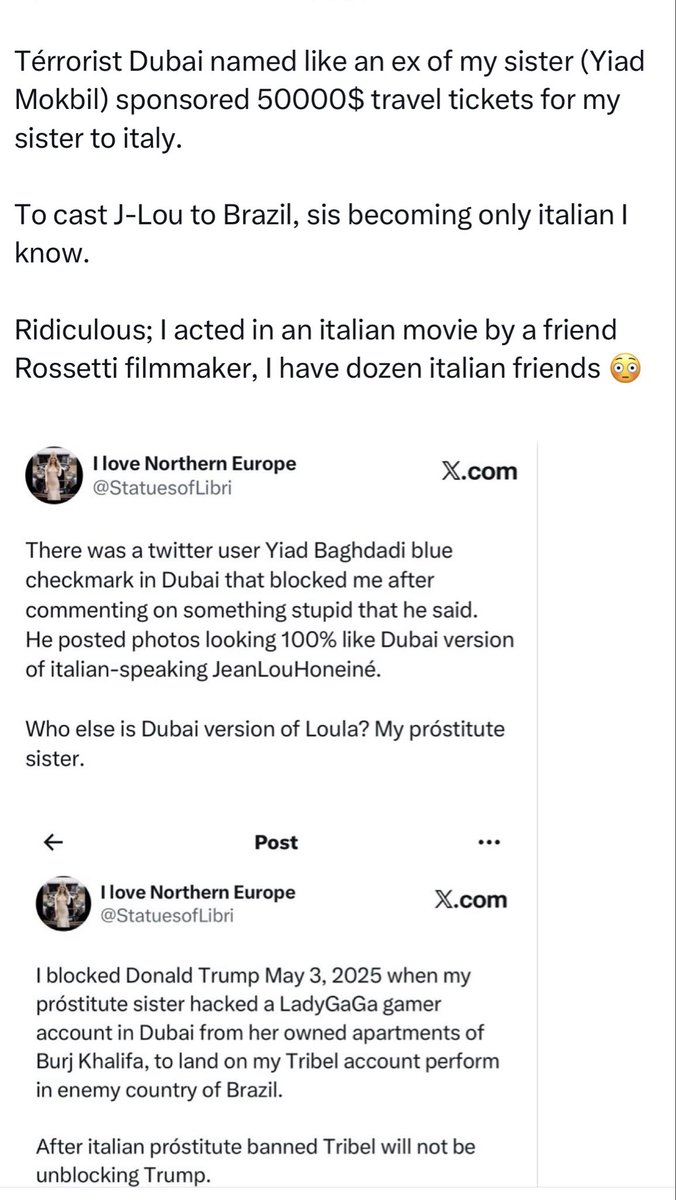 StatuesofLibri's tweet photo. Funniest part of shiposting coders eager to ban Tribel democrats kick them to Brazil by using money provided by an IŞIS org in Dubai to spam visits to italy:

They’re in theory stuck in Brazil (not italy):
-Sister
-JeanLouis
-Meloni
-Yiad1
-Yiad2
-Brother changed look like Yiad https://t.co/BMdxmXwDg0