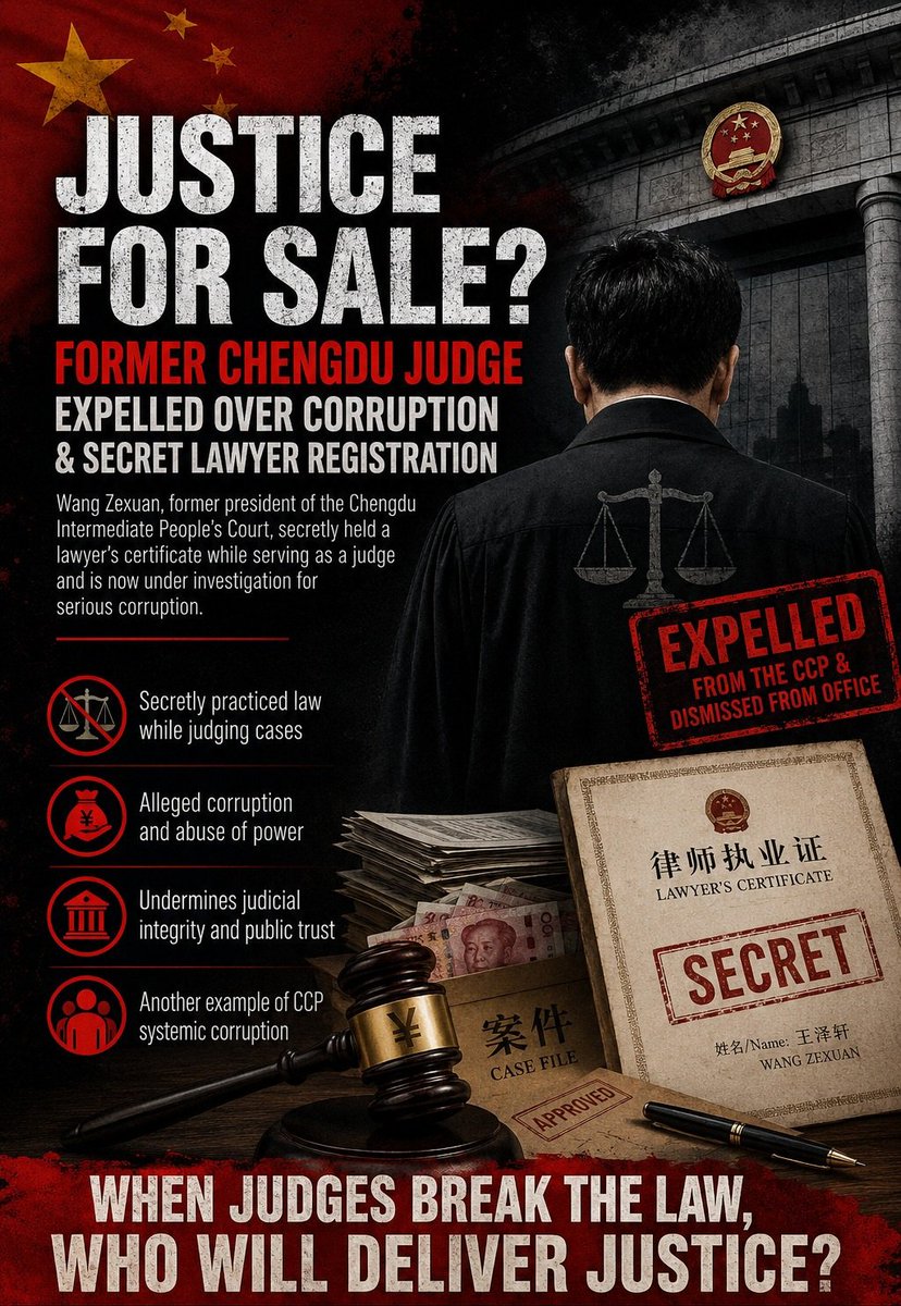 ZhengXi1234's tweet photo. A former Chengdu court president secretly held a lawyer’s certificate while on the bench and now faces corruption charges. The scandal exposes how Party-controlled courts can blur justice, political power and private interest. #China #CCP #Corruption #RuleOfLaw After You https://t.co/TKOZlvsSas