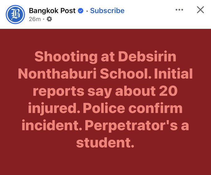 ferozwala's tweet photo. #Breaking
🚨Latest reports indicate 7 fatalities: 3 teachers, 3 students & 1 perpetrator.
📍A shooting occurred at a school near #Bangkok.
#Debsirin #Nonthaburi #BangKruai
#Thepsirin #Shooting #Thailand
https://t.co/shfNNwds7c https://t.co/XGRpNqpdos