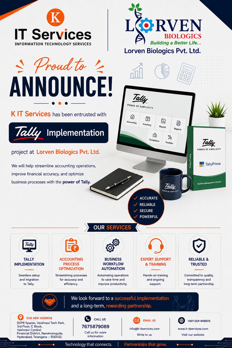 KITSERVICESS's tweet photo. We're excited to help enhance financial operations through seamless implementation, process optimization, and ongoing support with Tally Prime

#Tally #TallyPrime #BusinessAutomation #Accounting #DigitalTransformation #KITServices #LorvenBiologics #ERP #BusinessGrowth https://t.co/kJfNvMRlUi