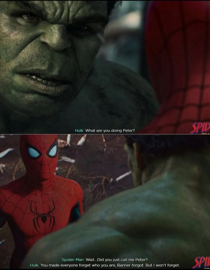 theevran's tweet photo. Hulk actually remember him Peter. But when Banner transforms back does he still remember Spider Man?, 🤔

#SpiderManBrandNewDay https://t.co/R2FSmGWQUR