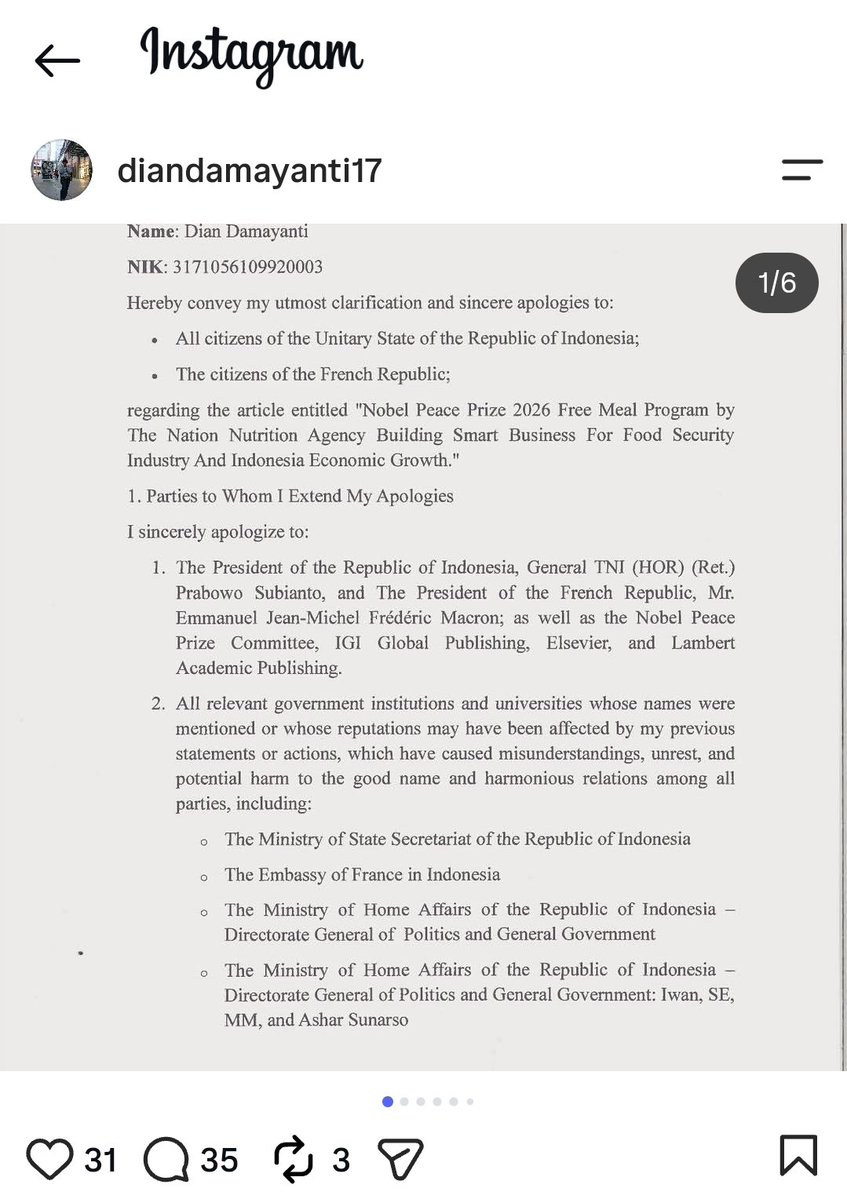 dwioktariyadi's tweet photo. Nah betulkan ternyata, pengajuan nobel 2026 terkait MBG yang mencatut nama Presiden Prabowo, Presiden Prancis serta sejumlah Kementrian/Lembaga adalah inisiatif pribadi dan tidak ada kaitannya dengan Pemerintah sama sekali.

Detailnya simak di sini.
https://t.co/PgpetNaBLq https://t.co/LPGq0Yx9lg