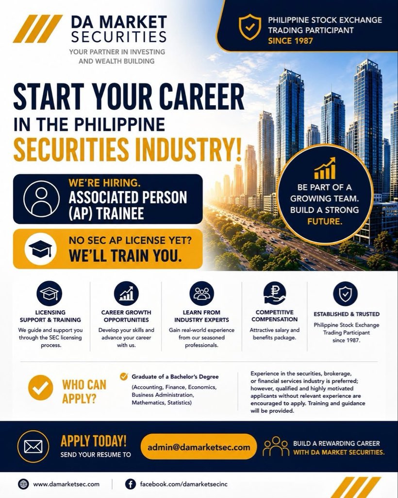 DAMarket_Sec's tweet photo. #HiringNow #NowHiringPH #HiringPH #JobOpeningPH #CareersPH #AssociatedPerson #BrokerageCareers #FinanceCareersPH #StockMarketPH #DAMarketSecurities #DAMarket https://t.co/SKxFFMbEJJ