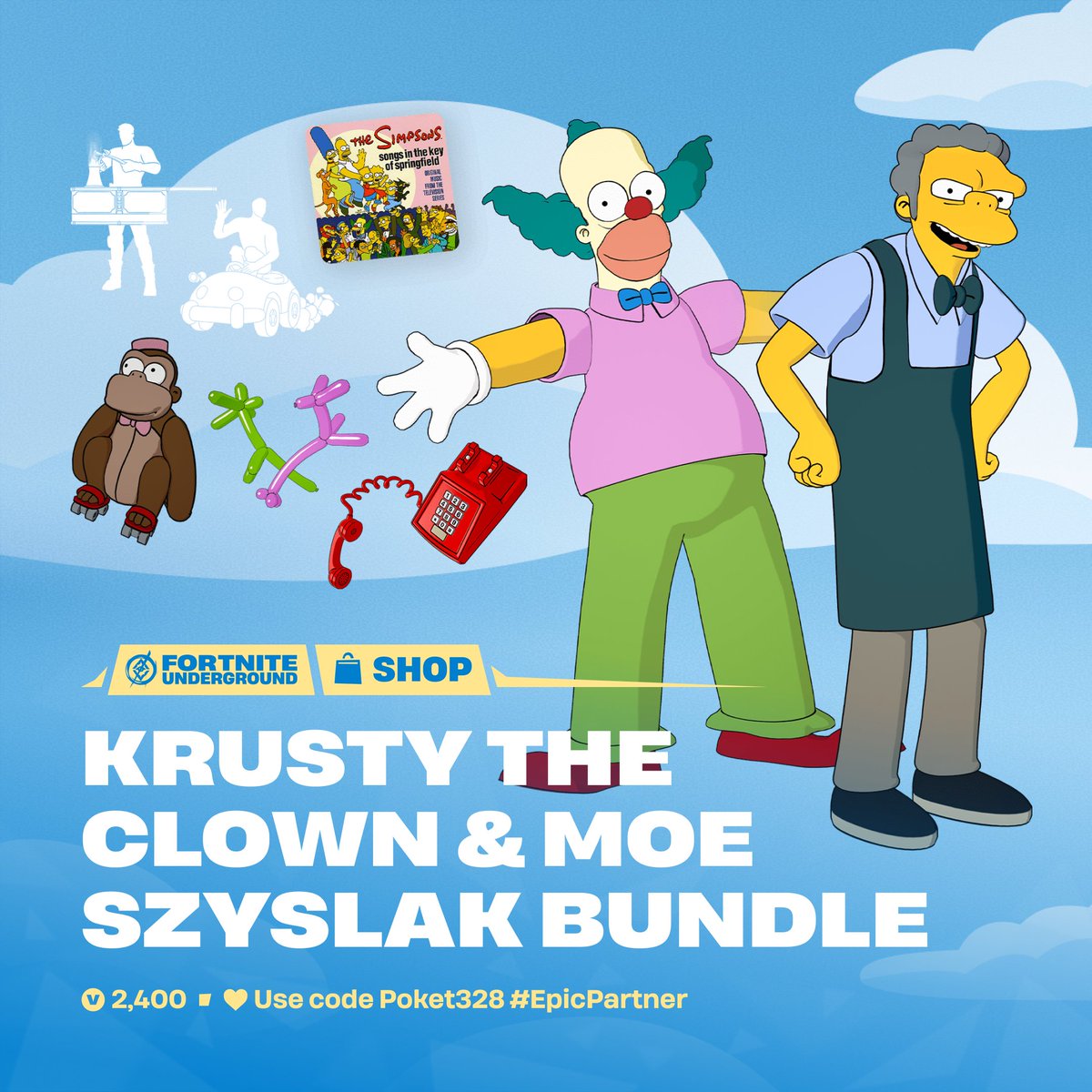 FNBRunderground's tweet photo. The Krusty the Clown &amp; Moe Szyslak Bundle is now available to purchase in the #Fortnite Shop ☎️ 

Players who previously purchased one of the Outfits can get the other items in the Bundle at a discount. https://t.co/si6YG3q353