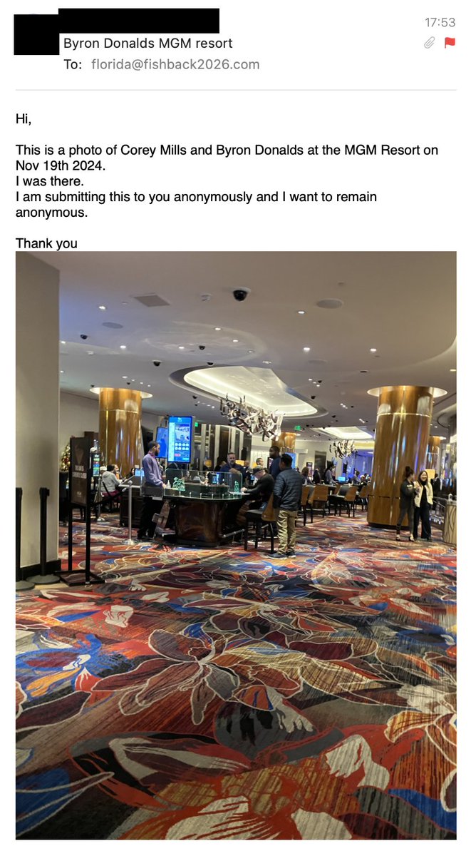 j_fishback's tweet photo. Byron Donalds' team is now denying he was at the MGM on November 19, 2024.

We just got this email with more photo evidence. https://t.co/QjWR0udrqs