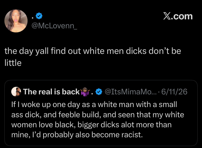 ItsOkToLaugh973's tweet photo. Did you get your Pro Blackness from temu? I never met a Pro Black person who defends white men dick size… getting you body colonized by white men is not Pro Black https://t.co/5uS8XKvRTi