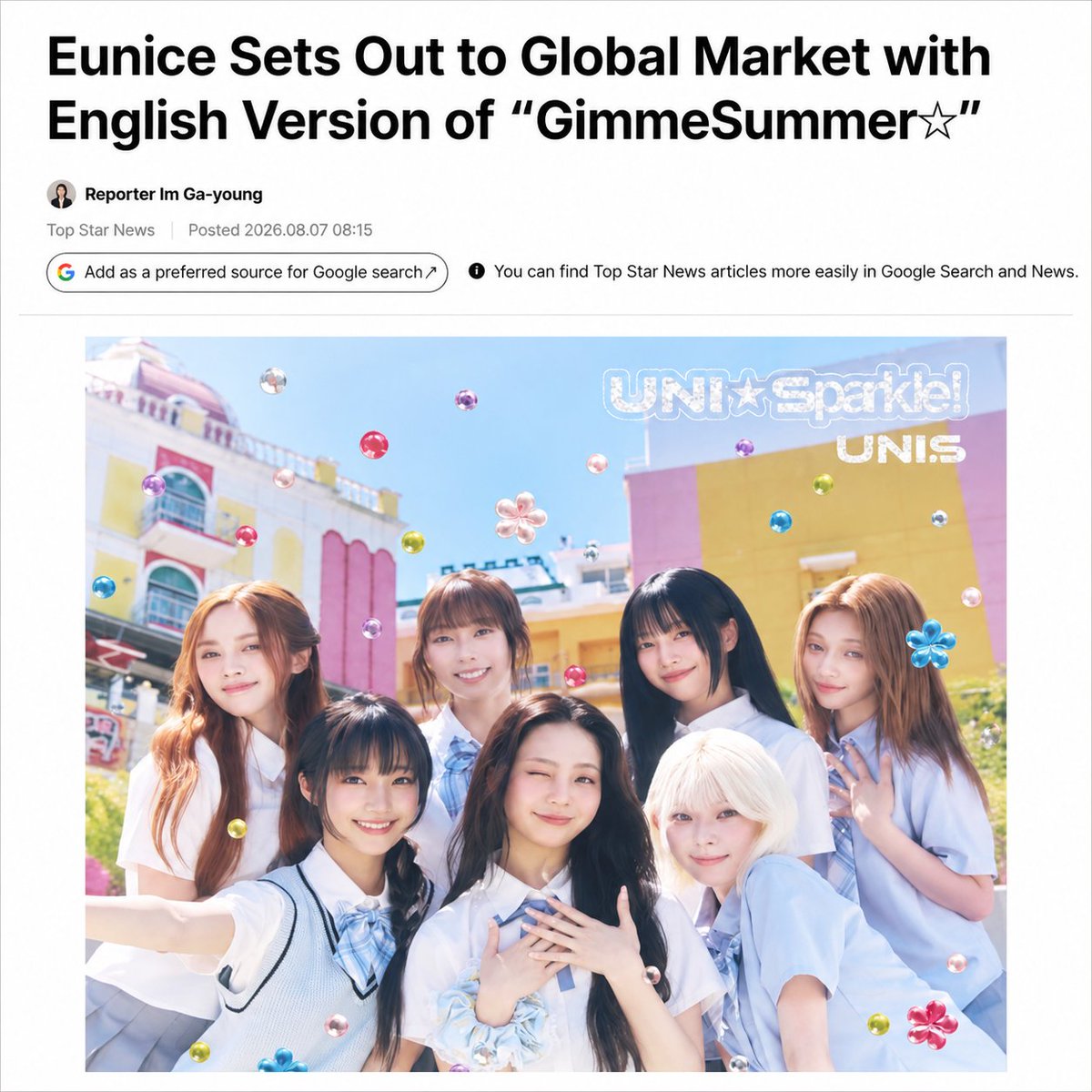 unisbase's tweet photo. UNIS will release the English version of "GimmeSummer☆" on August 8 at 12:00 a.m. KST, marking the group's latest step into the global market. https://t.co/nLYoenq3ye