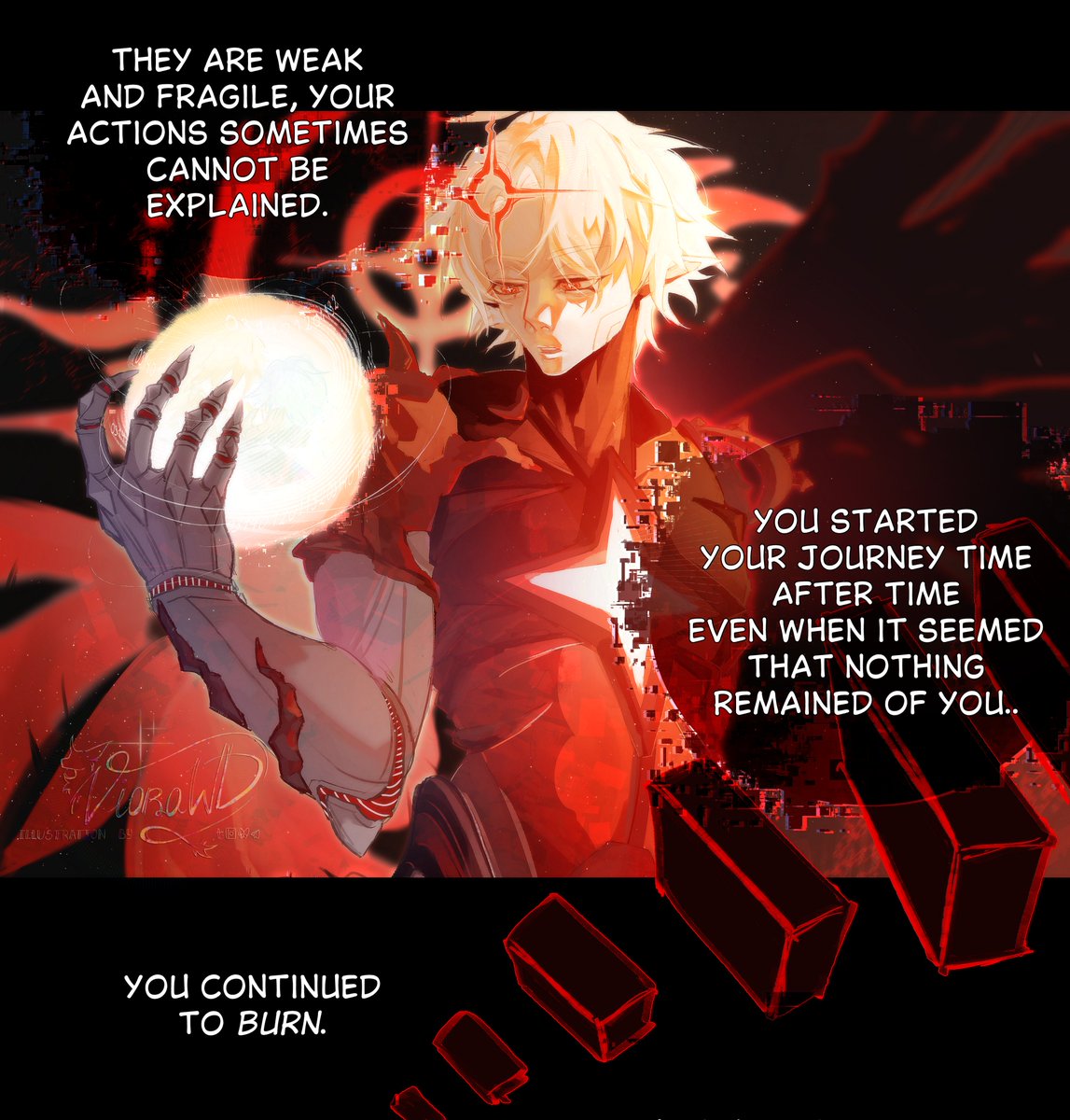 VioraWD's tweet photo. 'What if' AU - After merging, Irontomb get himself a body same as his vessel's and getting his own consciousness with it. Throughout the whole 33 550 337 cycle, he gets curious about Phainon's fury source, Irontomb collecting and absorbing Phainon's memories and his emotions through all 33 millions cycles. In the end Phainon names this scepeter "Neikos"..

Did 'Irontomb' finds his answer or not, who knows-

(1\2)

#phainon #khaslana #irontomb #hsr #phairontomb