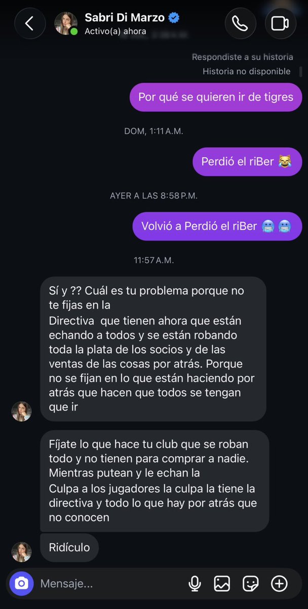 laserdnahuel's tweet photo. Sabri Di Marzo, esposa de Ángel Correa, acusó a la directiva de Tigres de “haber robado plata de las ventas” y de “manejar las cosas por atrás”. Según sus declaraciones, estos serían los motivos por los que el club no ha fichado a ningún jugador.

Son acusaciones bastantes graves.

Aclaro que esta conversación no es mía.