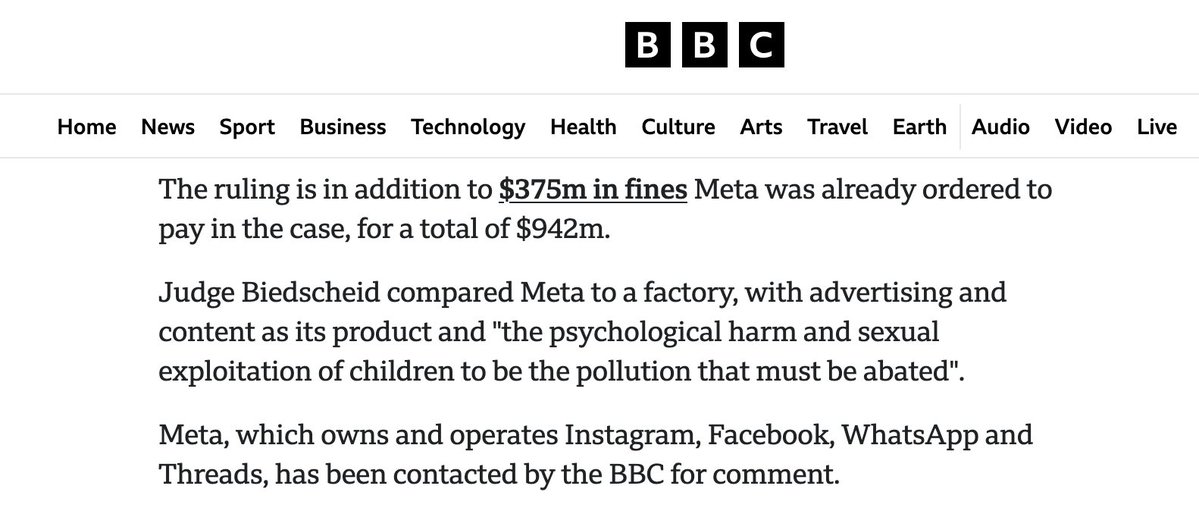 aravind's tweet photo. Meta has been fined close to a total of $1 billion ($940+ million) by a US state (New Mexico).

The judge has called Meta a "pollution", especially harming children.

The fine is for allowing all sorts of harmful content to program children's brains violating the state's law. https://t.co/OzZ2XXcRGk