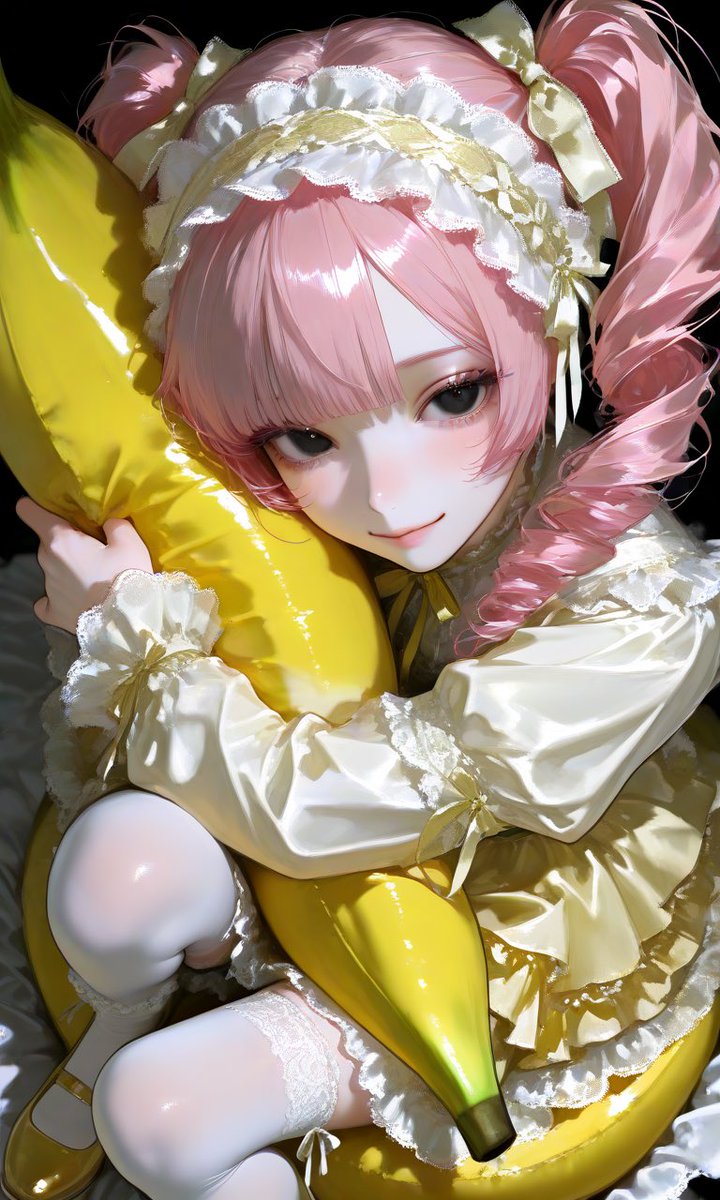 _Lira6_'s tweet photo. 黄色ふりふりロリータとデカバナナクッションを抱いてる構図置いとくね……ALTにあります🍌 https://t.co/nAA7k9k5zu