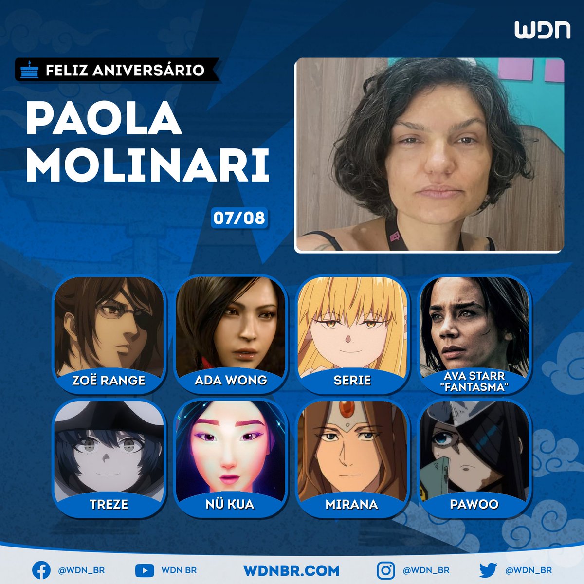 wdn_br's tweet photo. Voz da Zöe Range em Attack on Titan e da Ada Wong em Resident Evil, hoje é aniversário da maravilhosa dubladora Paola Molinari! Desejamos um dia cheio de comemorações e muito sucesso para essa ilustre atriz de voz! 🎁🎊🎂🥳 https://t.co/Xf1IG1kVyA