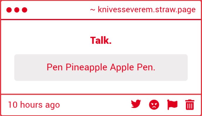 Knivessev's tweet photo. What kind of secret message is this

//Pineapple, pen, UHH, pen pineapple pen!! I loved that song as a kid, thought it was the funniest thing ever https://t.co/FboDUM0cYQ