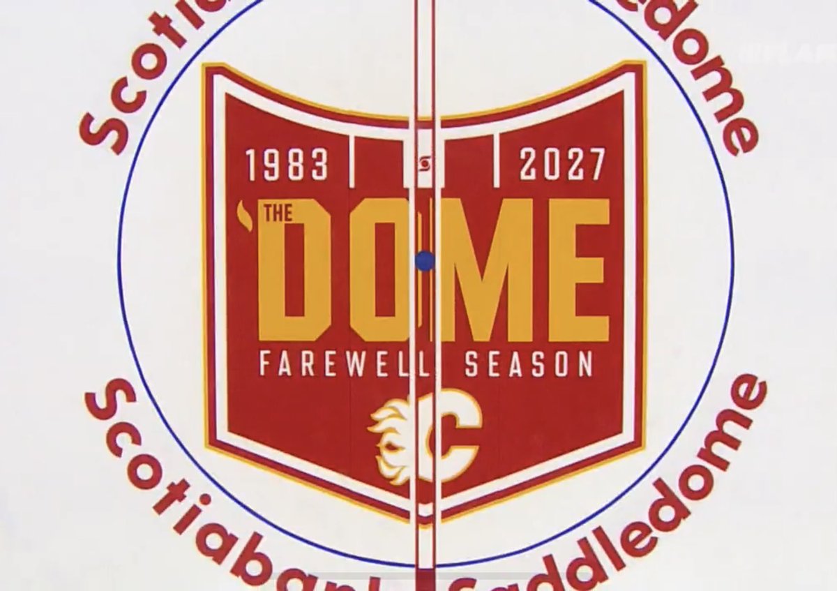 Robert_Munnich's tweet photo. The centre ice logo for the farewell season at the Saddledome. https://t.co/oT4iJv0MpY