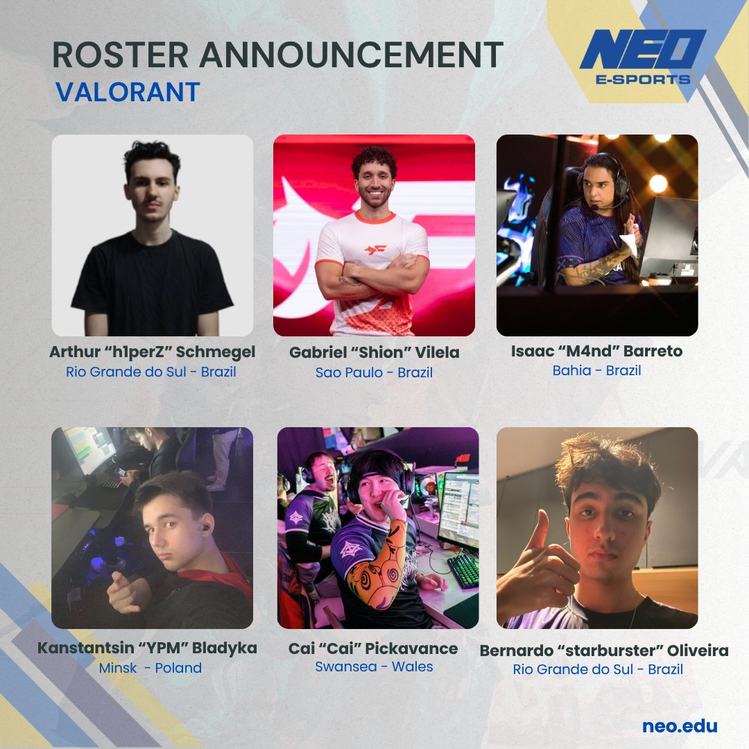 EsportsNEOAM's tweet photo. Roster Announcement:  NEO E-Sports is excited to announce our upcoming VALORANT roster for the 2026-27 season!

@h1perZ
@shionxy
@m4ndzin
@ypmvl
@Caimp4
@starburstervalo 

#gogoneo https://t.co/0Tn4kRVovu