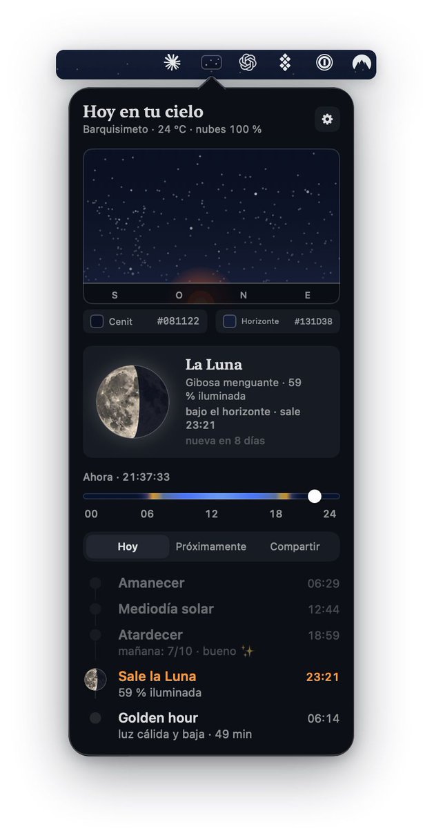 inti's tweet photo. Estoy creando una app para Mac, llamada Cielo, que va pintando la barra superior con el color del cielo de tu ciudad en el horizonte. Si tienes un bonito atardecer, se replica en tu Mac. El crepúsculo en tu computadora :D Si la quieres probar, avisame ☀️🌖🌝 https://t.co/sweNtExtvs