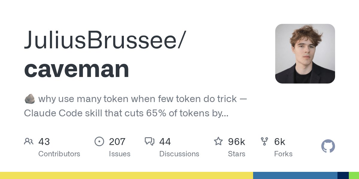 N0V4Dev's tweet photo. JuliusBrussee/caveman is a skill for Claude Code and other agents that cuts down on output tokens by stripping away conversational filler. The idea is to make the AI talk like a caveman. It keeps code and technical errors exact but makes explanations much shorter.

The tool reduces output tokens by 65% when the agent writes prose like documentation or debugging walkthroughs. If the agent is working unattended on a repository the savings are lower but still measurable. You get the same technical answers with a lot less fluff to pay for.

It works with over 30 different agents including Cursor and Gemini. You just install it once to change how the model communicates. This project is a simple way to lower costs if you use these tools heavily for daily coding tasks.
https://t.co/8xheCa0Huo
#ClaudeCode #GenerativeAI #LLM #SoftwareEngineering