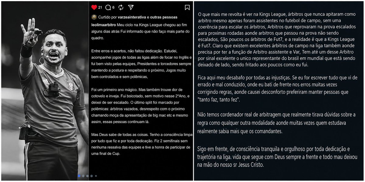 PortaldaKings's tweet photo. 🚨 Leo Lima, árbitro, anuncia sua saída da Kings League Brazil e faz graves acusações sobre uma suposta "MÁFIA" nos bastidores da liga! https://t.co/5MuegLN3jm